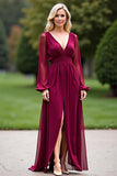 Burgundy V-Neck Long Sleeves Chiffon Mother of the Bride Dress with Slit
