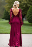 Burgundy V-Neck Long Sleeves Chiffon Mother of the Bride Dress with Slit