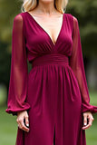 Burgundy V-Neck Long Sleeves Chiffon Mother of the Bride Dress with Slit