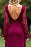 Burgundy V-Neck Long Sleeves Chiffon Mother of the Bride Dress with Slit