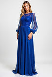 Royal Blue Chiffon Embroderied Illusion Neck Long Mother of the Bride Dress