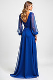 Royal Blue Chiffon Embroderied Illusion Neck Long Mother of the Bride Dress