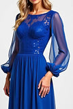 Royal Blue Chiffon Embroderied Illusion Neck Long Mother of the Bride Dress