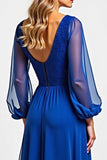 Royal Blue Chiffon Embroderied Illusion Neck Long Mother of the Bride Dress
