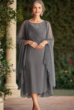 Grey Scoop Tea Length Chiffon Mother of the Bride Dress with Shawl
