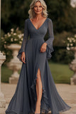 Dark Grey A Line Ruffled Long Chiffon Mother of the Bride Dress with Slit