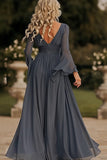 Dark Grey A Line Ruffled Long Chiffon Mother of the Bride Dress with Slit