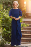 Navy Sheath Long Chiffon Mother of the Bride Dress with Ruffles