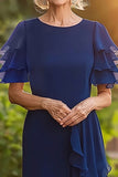 Navy Sheath Long Chiffon Mother of the Bride Dress with Ruffles