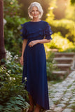 Sheath Chiffon Navy Asymmetrical Mother of the Bride Dress with Ruffles