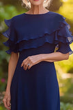 Sheath Chiffon Navy Asymmetrical Mother of the Bride Dress with Ruffles