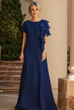 Chiffon Scoop Navy Long Mother of the Bride Dress with Ruffles