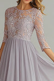Silver A-Line 3/4 Sleeves Chiffon Applique Mother of the Bride Dress