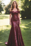 Mermaid Off the Shoulder Sequins Burgundy Mother of the Bride Dress