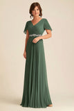 Eucalyptus Chiffon V-Neck Cap Sleeves Mother of the Bride Dress