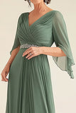 V-Neck Chiffon Eucalyptus Flutter Sleeves Mother of the Bride Dress
