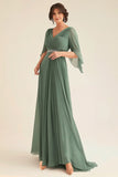 V-Neck Chiffon Eucalyptus Flutter Sleeves Mother of the Bride Dress