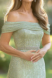 Sparkly Off the Shoulder Mint Sheath Mother of the Bride Dress