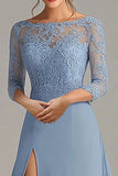 Dusty Blue Applique Chiffon Sheath Mother of the Bride Dress with Slit