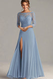 Dusty Blue Applique Chiffon Sheath Mother of the Bride Dress with Slit