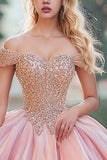 Blush Off the Shoulder Beaded Maxi Princess Quinceañera Dress