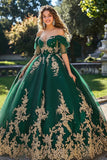 Dark Green Tulle Off the Shoulder Royal Quinceañera Dress with Appliques