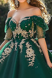 Dark Green Tulle Off the Shoulder Royal Quinceañera Dress with Appliques
