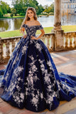 Navy Off the Shoulder Ball Gown Tulle Quinceañera Dress with Appliques