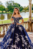 Navy Off the Shoulder Ball Gown Tulle Quinceañera Dress with Appliques