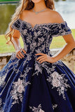Navy Off the Shoulder Ball Gown Tulle Quinceañera Dress with Appliques