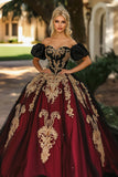 Burgundy and Black Ball Gown Puff Sleeves Appliqued Quinceañera Dress