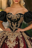 Burgundy and Black Ball Gown Puff Sleeves Appliqued Quinceañera Dress