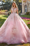 Blush Off the Shoulder Ball Gown Maxi Tulle Quinceañera Dress with Appliques