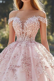 Blush Off the Shoulder Ball Gown Maxi Tulle Quinceañera Dress with Appliques