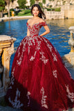 Glitter Burgundy Ball Gown Off the Shoulder Tulle Quinceañera Dress with Appliques
