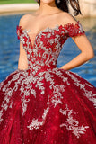 Glitter Burgundy Ball Gown Off the Shoulder Tulle Quinceañera Dress with Appliques