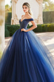 Navy Tulle Ball Gown Off the Shoulder Beaded Maxi Quinceañera Dress