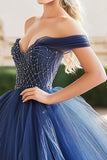 Navy Tulle Ball Gown Off the Shoulder Beaded Maxi Quinceañera Dress