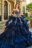 Glitter Navy Princess Off the Shoulder Tiered Quinceañera Dress with Ruffles