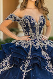 Glitter Navy Princess Off the Shoulder Tiered Quinceañera Dress with Ruffles