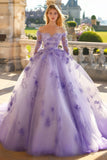 Lilac Princess Tulle Maxi Appliqued Quinceañera Dress with Long Sleeves