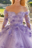 Lilac Princess Tulle Maxi Appliqued Quinceañera Dress with Long Sleeves