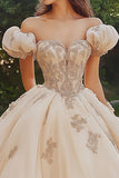 Princess Blush Ball Gown Puff Sleeves Tulle Quinceañera Dress with Appliques