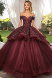 Sparkly Burgundy Ball Gown Ruffled Tulle Quinceañera Dress with Appliques