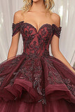 Sparkly Burgundy Ball Gown Ruffled Tulle Quinceañera Dress with Appliques