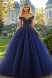 Navy Tulle Ball Gown Strapless Off the Shoulder Maxi Quinceañera Dress