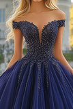 Navy Tulle Ball Gown Strapless Off the Shoulder Maxi Quinceañera Dress