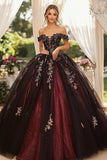 Burgundy Black Tulle Ball Gown Appliqued Strapless Quinceañera Dress