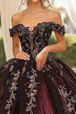 Burgundy Black Tulle Ball Gown Appliqued Strapless Quinceañera Dress