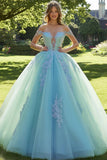 Maxi Off the Shoulder Mint Appliqued Ball Gown Tulle Quinceañera Dress